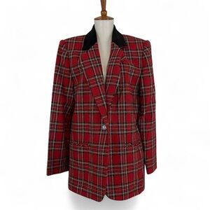 Vintage 90s Red Plaid Blazer Women's 12 Wool Blend 2 Button Long Sleeve